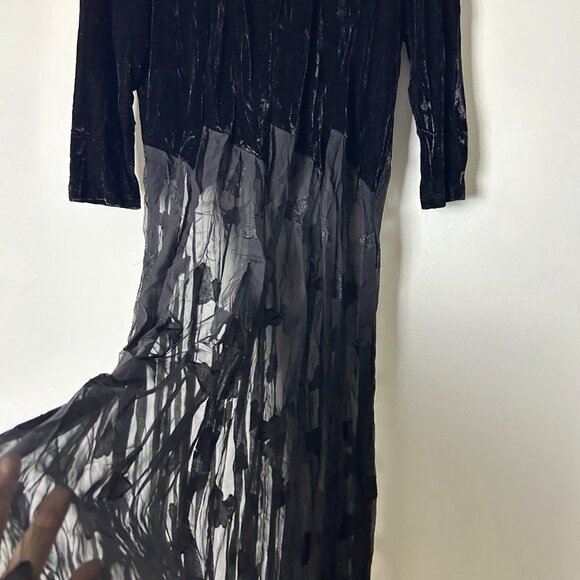 Zoe Black Lace-Up Neck 3/4 Sleeve Velvet Sheer Flowy Skirt Maxi Dress Size Large - Picture 9 of 17